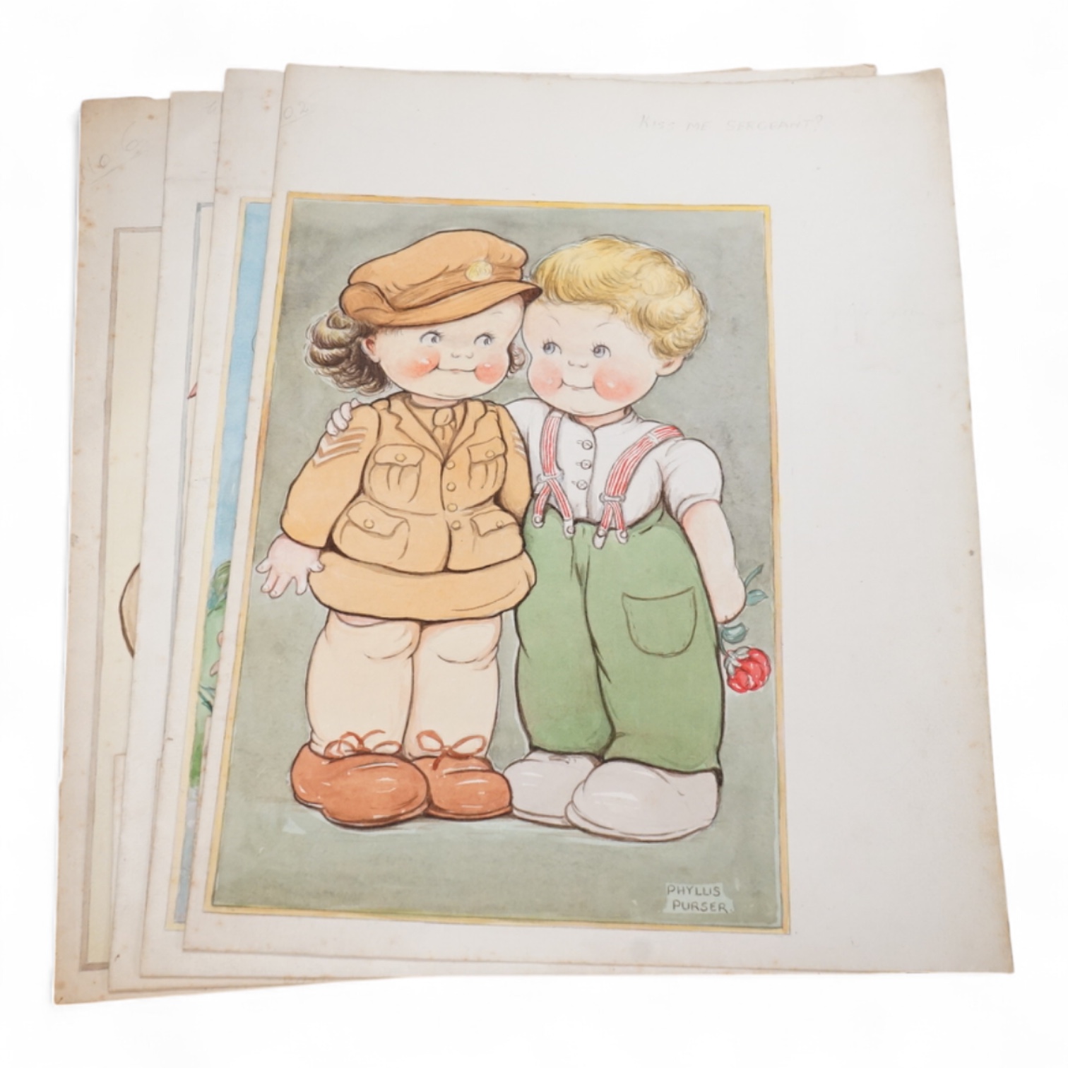 Phyllis Purser (1893-1990), a set of four original watercolours for children's postcard designs, WWII interest to include Kiss me Sergeant?’ And ‘Sailors Don’t Care’, each signed, unframed, 32 x 25cm